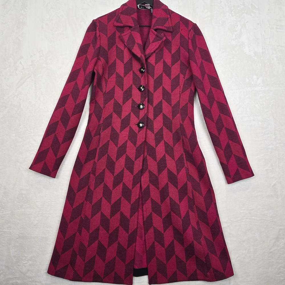 St. John Collection Marie Gray Fuchsia Chevron Knit Long Coat Jacket Size 6